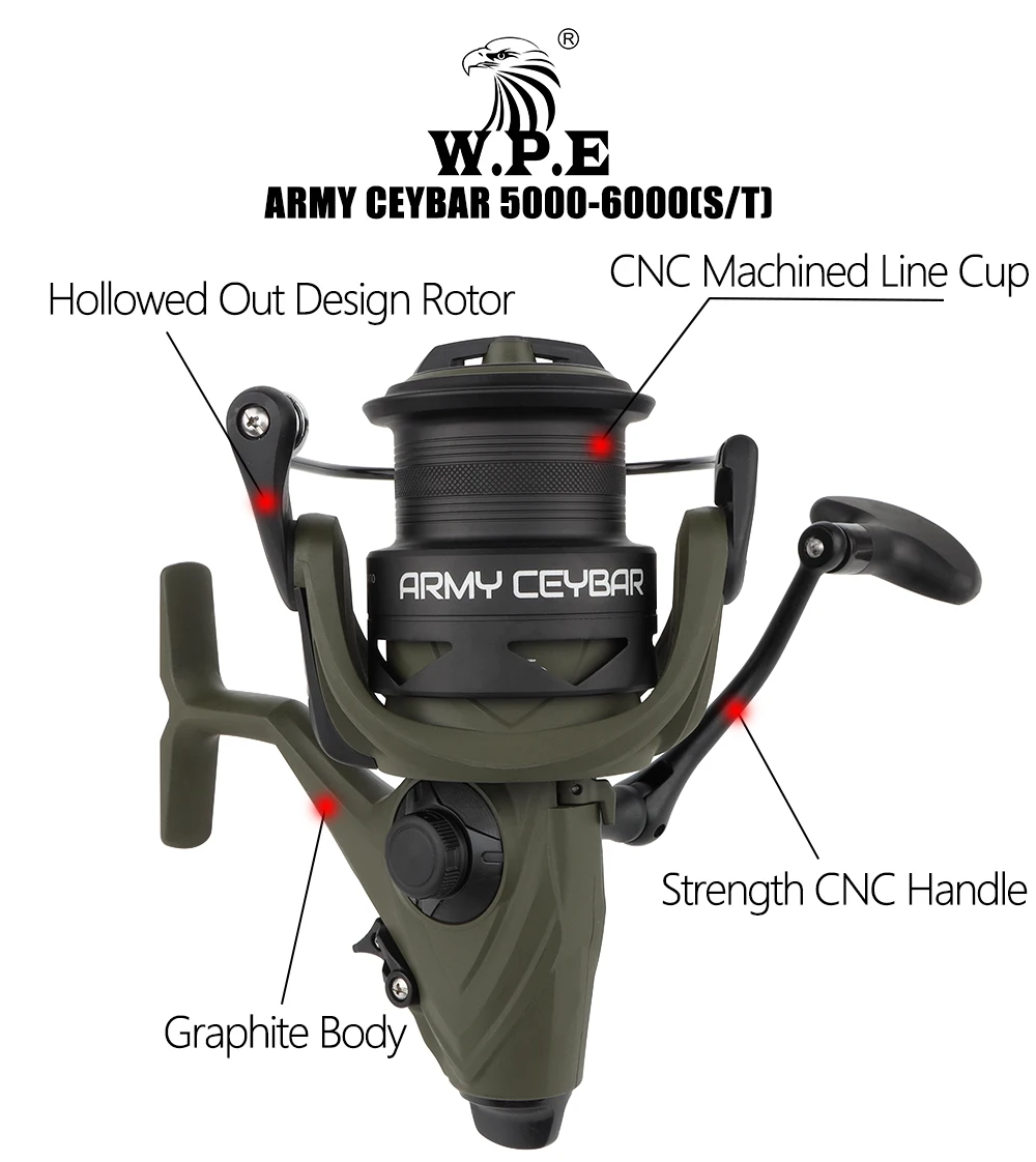 W.P.E AC Spinning Reel 5000/6000 Ball Bearings 7+1 High Gear Ratio 5.1:1 Carp Feeder Fishing Reel Full Matel Line Spool Tackle