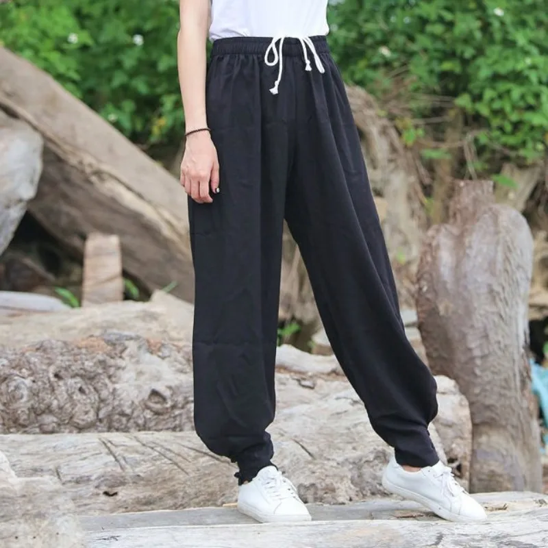 Women Cotton Linen Sports Trousers Solid Color Drawstring Loose Fit Comfortable Chinese Style Tai Chi Martial Arts Kung Fu Pants