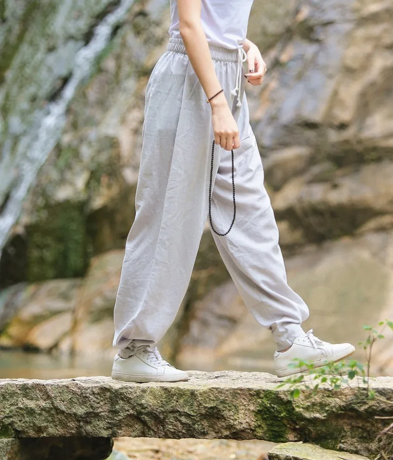 Women Cotton Linen Sports Trousers Solid Color Drawstring Loose Fit Comfortable Chinese Style Tai Chi Martial Arts Kung Fu Pants