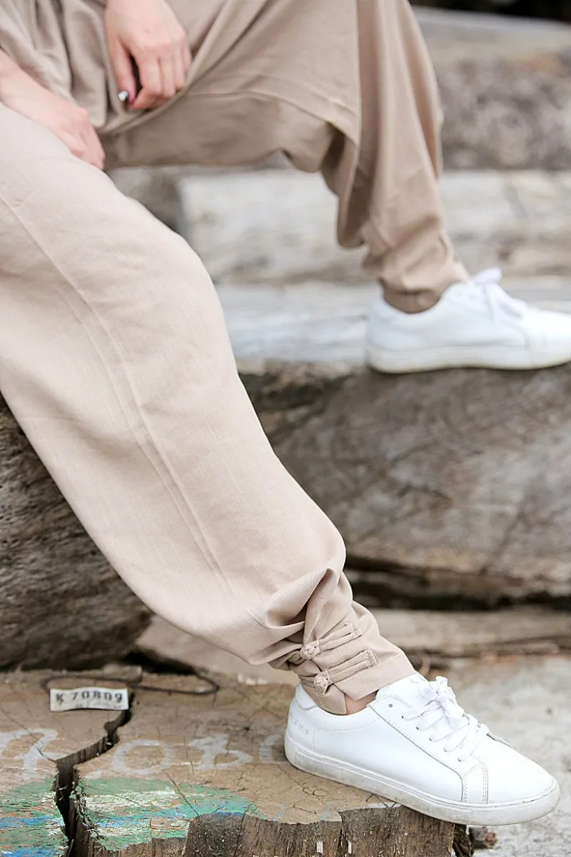 Women Cotton Linen Sports Trousers Solid Color Drawstring Loose Fit Comfortable Chinese Style Tai Chi Martial Arts Kung Fu Pants