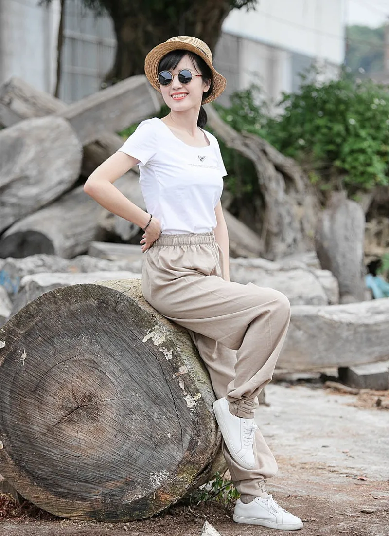 Women Cotton Linen Sports Trousers Solid Color Drawstring Loose Fit Comfortable Chinese Style Tai Chi Martial Arts Kung Fu Pants