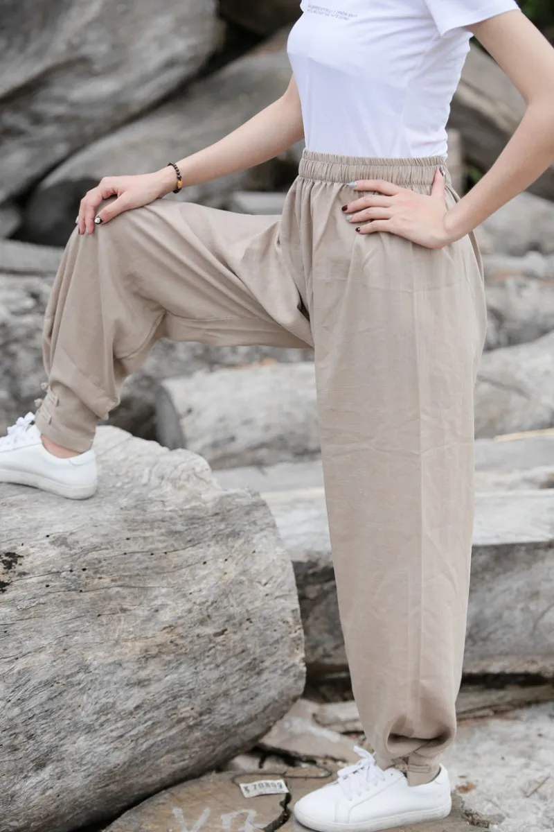Women Cotton Linen Sports Trousers Solid Color Drawstring Loose Fit Comfortable Chinese Style Tai Chi Martial Arts Kung Fu Pants