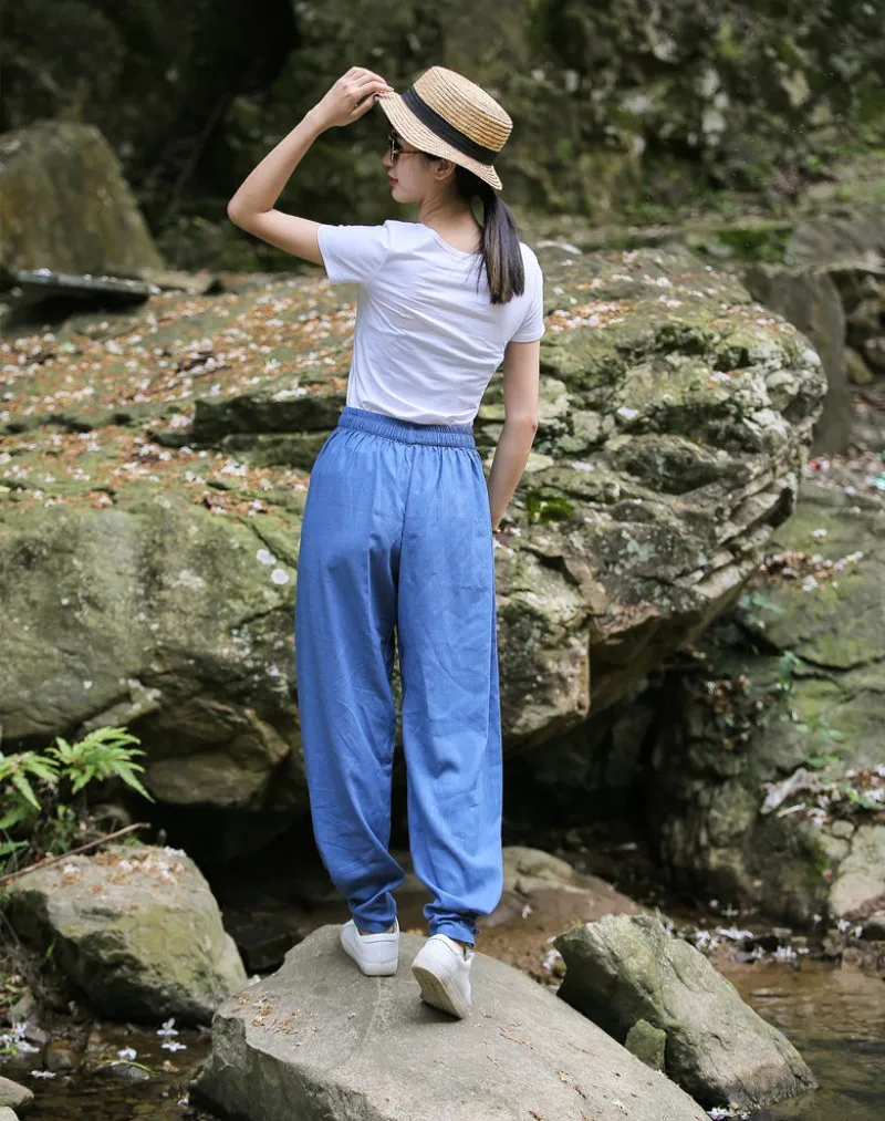 Women Cotton Linen Sports Trousers Solid Color Drawstring Loose Fit Comfortable Chinese Style Tai Chi Martial Arts Kung Fu Pants
