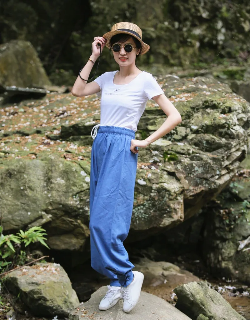 Women Cotton Linen Sports Trousers Solid Color Drawstring Loose Fit Comfortable Chinese Style Tai Chi Martial Arts Kung Fu Pants