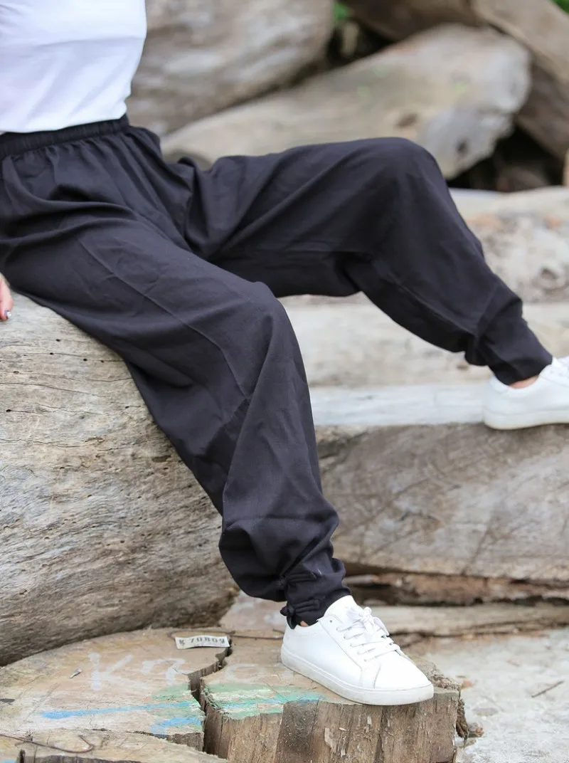 Women Cotton Linen Sports Trousers Solid Color Drawstring Loose Fit Comfortable Chinese Style Tai Chi Martial Arts Kung Fu Pants