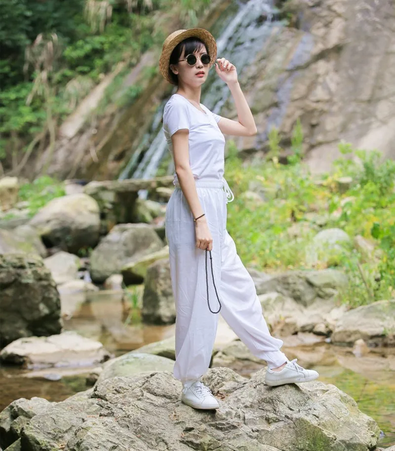 Women Cotton Linen Sports Trousers Solid Color Drawstring Loose Fit Comfortable Chinese Style Tai Chi Martial Arts Kung Fu Pants
