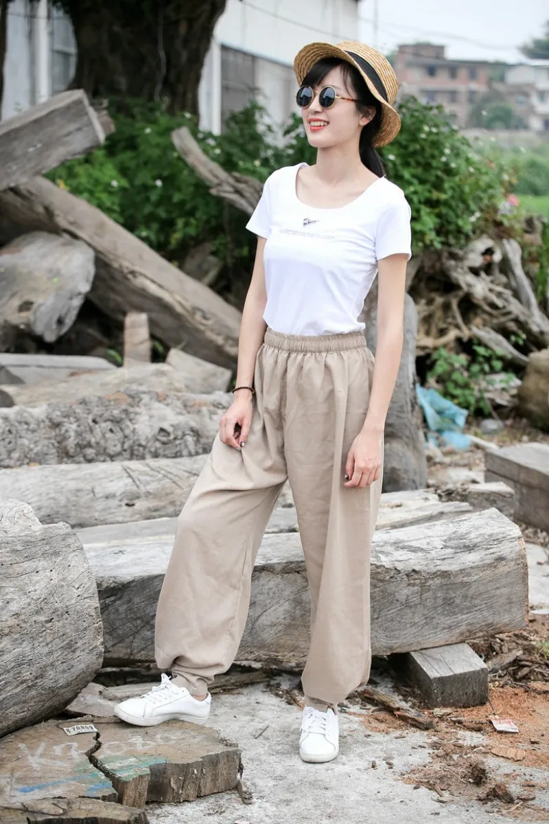 Women Cotton Linen Sports Trousers Solid Color Drawstring Loose Fit Comfortable Chinese Style Tai Chi Martial Arts Kung Fu Pants
