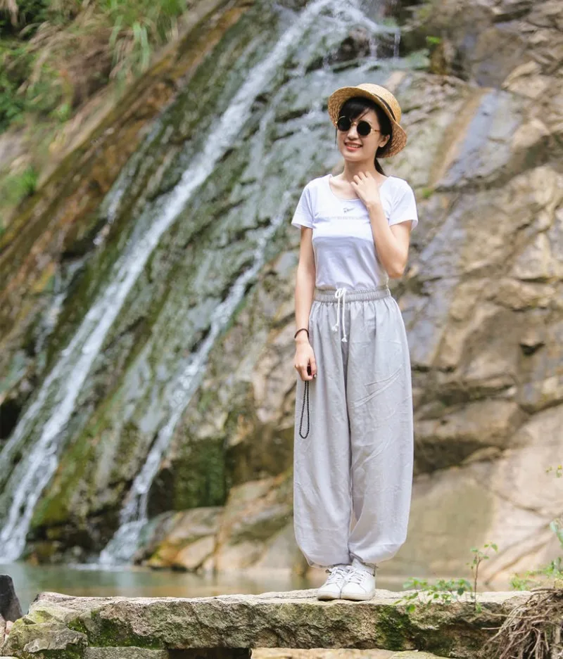 Women Cotton Linen Sports Trousers Solid Color Drawstring Loose Fit Comfortable Chinese Style Tai Chi Martial Arts Kung Fu Pants