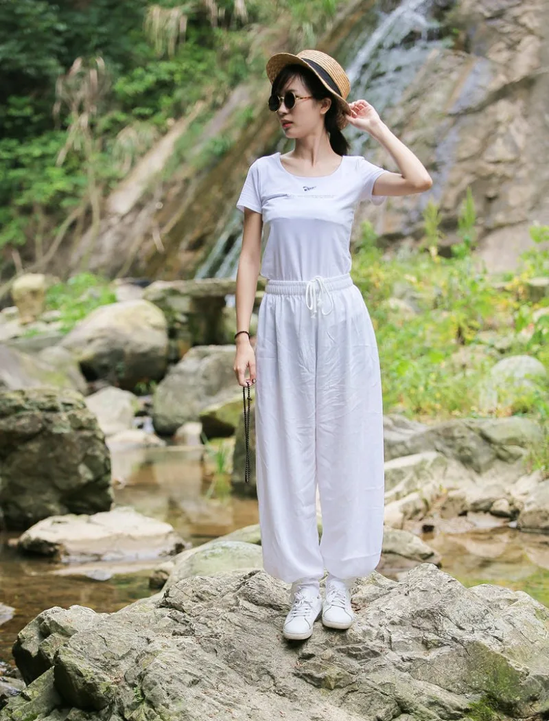 Women Cotton Linen Sports Trousers Solid Color Drawstring Loose Fit Comfortable Chinese Style Tai Chi Martial Arts Kung Fu Pants