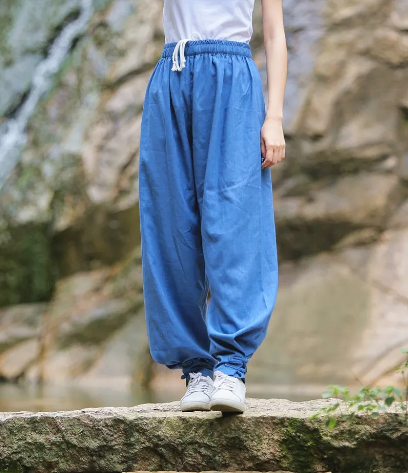 Women Cotton Linen Sports Trousers Solid Color Drawstring Loose Fit Comfortable Chinese Style Tai Chi Martial Arts Kung Fu Pants