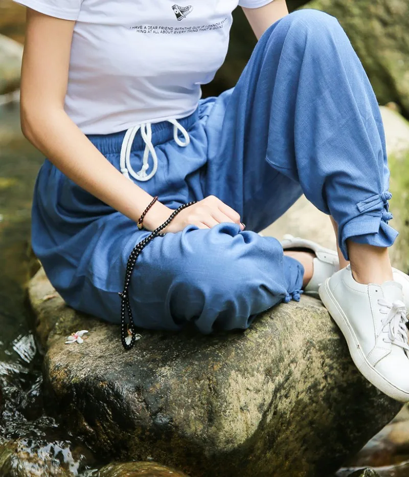 Women Cotton Linen Sports Trousers Solid Color Drawstring Loose Fit Comfortable Chinese Style Tai Chi Martial Arts Kung Fu Pants