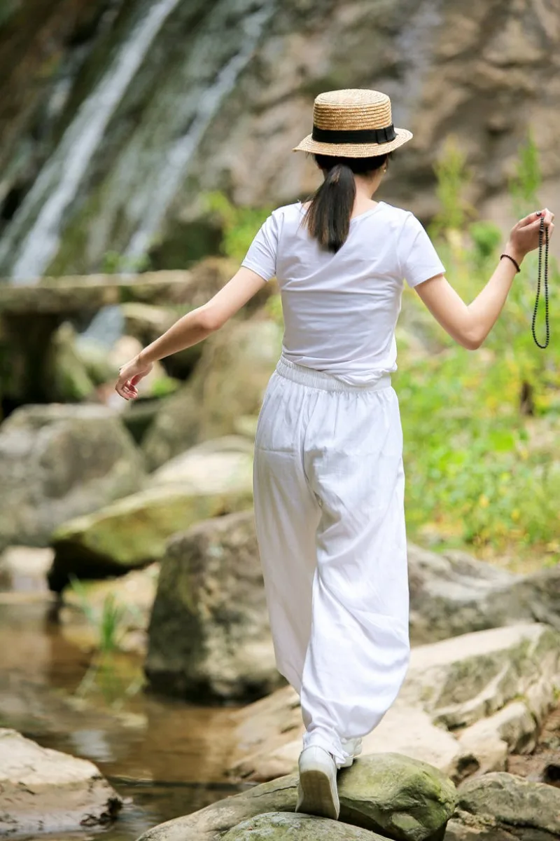Women Cotton Linen Sports Trousers Solid Color Drawstring Loose Fit Comfortable Chinese Style Tai Chi Martial Arts Kung Fu Pants