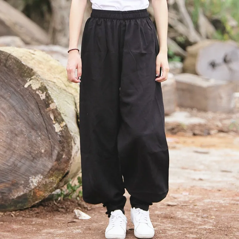 Women Cotton Linen Sports Trousers Solid Color Drawstring Loose Fit Comfortable Chinese Style Tai Chi Martial Arts Kung Fu Pants
