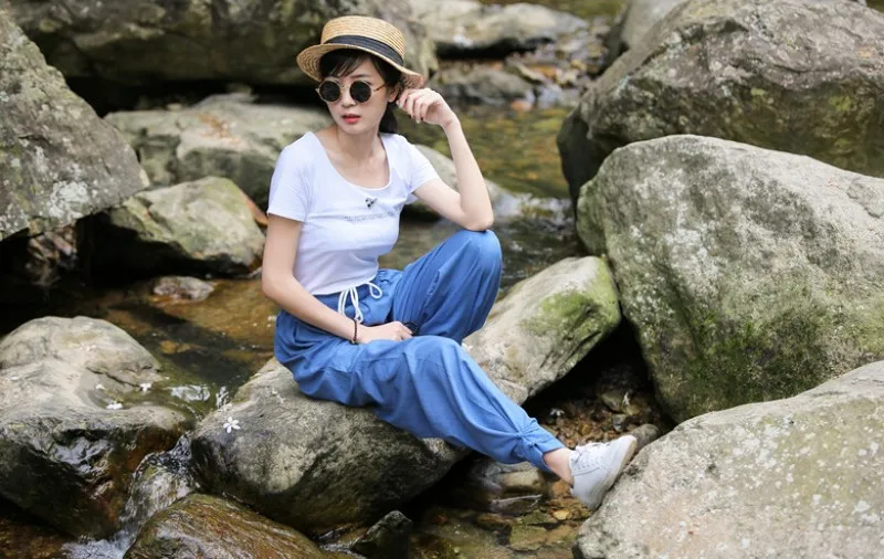 Women Cotton Linen Sports Trousers Solid Color Drawstring Loose Fit Comfortable Chinese Style Tai Chi Martial Arts Kung Fu Pants