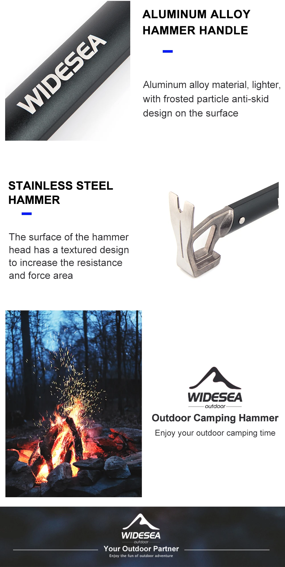 Widesea Camping Hammer Stainless Steel Copper Outdoor Tent Peg Stake Mallet with Stake Puller Grond Nail Mountaineering Hiking
