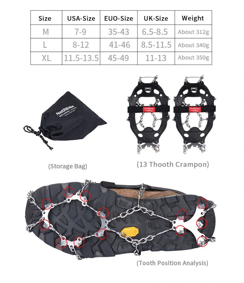 Naturehike-Non Slip Climbing Crampons Cleats Shoe Cover Ice Gripper for Spikes Hiking Winter Manganese Steel Outdoor Cleats Shoe