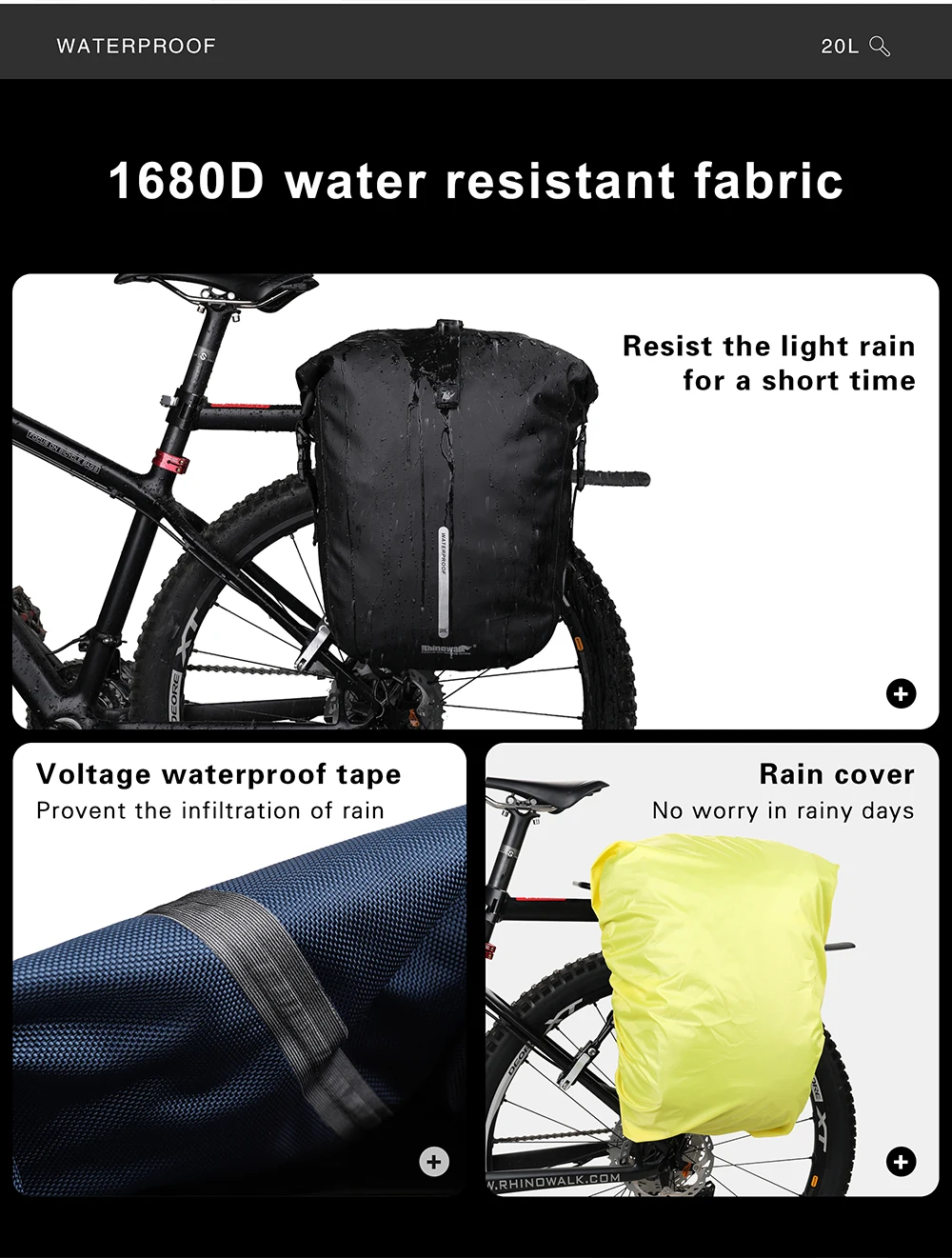 Rhinowalk Waterproof Bike Bag 20L Rear Rack Pannier Black Travel Cycling Bag Multifunctional Shoulder Bag Backpack Bicycle Bag