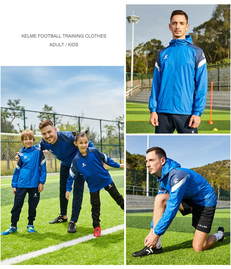 KELME Men's Windbreaker Running Jacket Soccer Kid Hooded Windproof Coat Couple Training Waterproof Jacket Quick Dry 8061WT1005