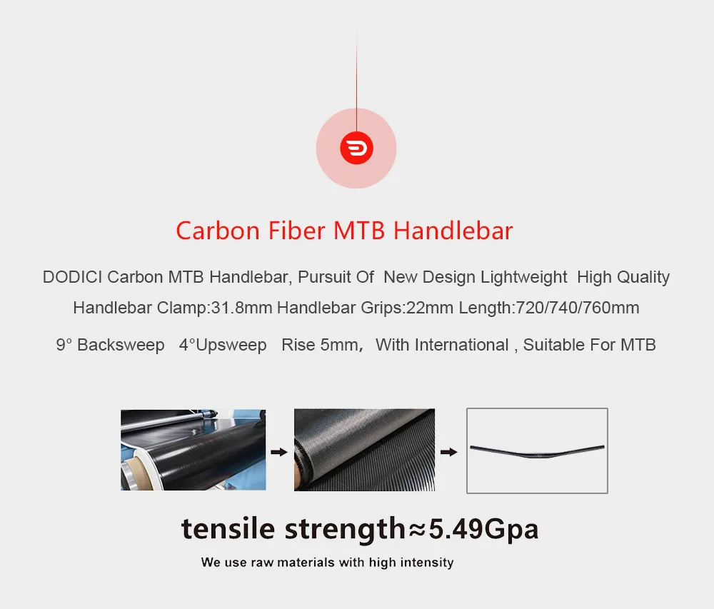 DODICI Full Carbon Fiber MTB Handlebar 720mm/740mm/760mm 9° Rise 5mm for XC Mountain Bike Bicycle Straight Handlebar Ultra-Light