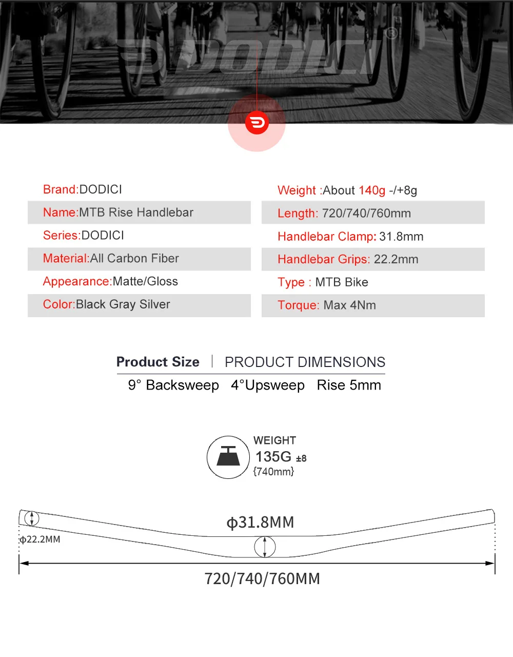 DODICI Full Carbon Fiber MTB Handlebar 720mm/740mm/760mm 9° Rise 5mm for XC Mountain Bike Bicycle Straight Handlebar Ultra-Light