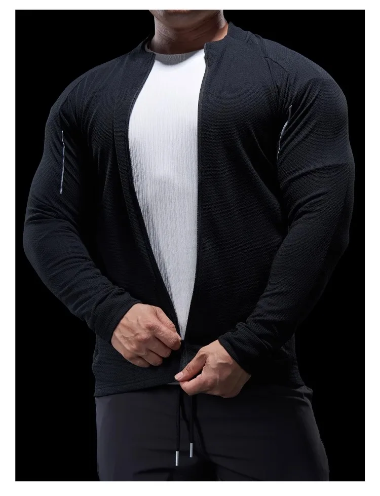 Sports Fitness Jacket Men Autumn Elastic Quick-drying Slim Long-sleeved Gym Training Clothes Outdoor Running Stand-up Zipper Top