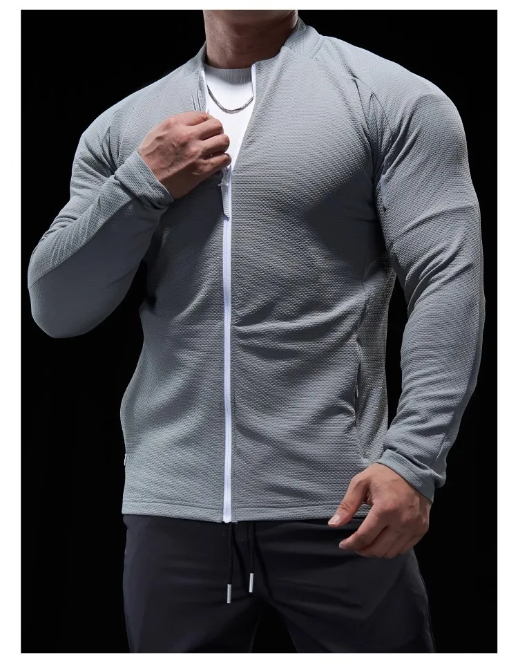 Sports Fitness Jacket Men Autumn Elastic Quick-drying Slim Long-sleeved Gym Training Clothes Outdoor Running Stand-up Zipper Top