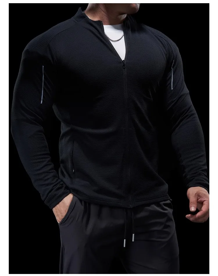 Sports Fitness Jacket Men Autumn Elastic Quick-drying Slim Long-sleeved Gym Training Clothes Outdoor Running Stand-up Zipper Top
