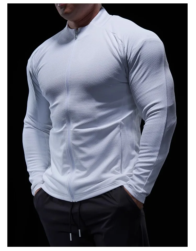 Sports Fitness Jacket Men Autumn Elastic Quick-drying Slim Long-sleeved Gym Training Clothes Outdoor Running Stand-up Zipper Top