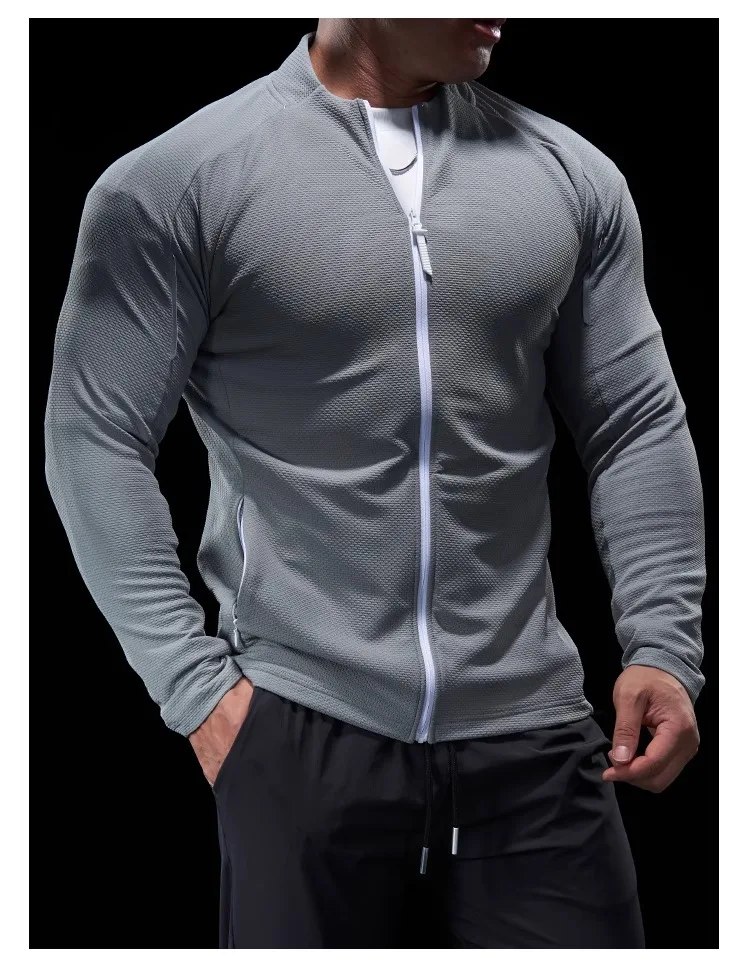 Sports Fitness Jacket Men Autumn Elastic Quick-drying Slim Long-sleeved Gym Training Clothes Outdoor Running Stand-up Zipper Top