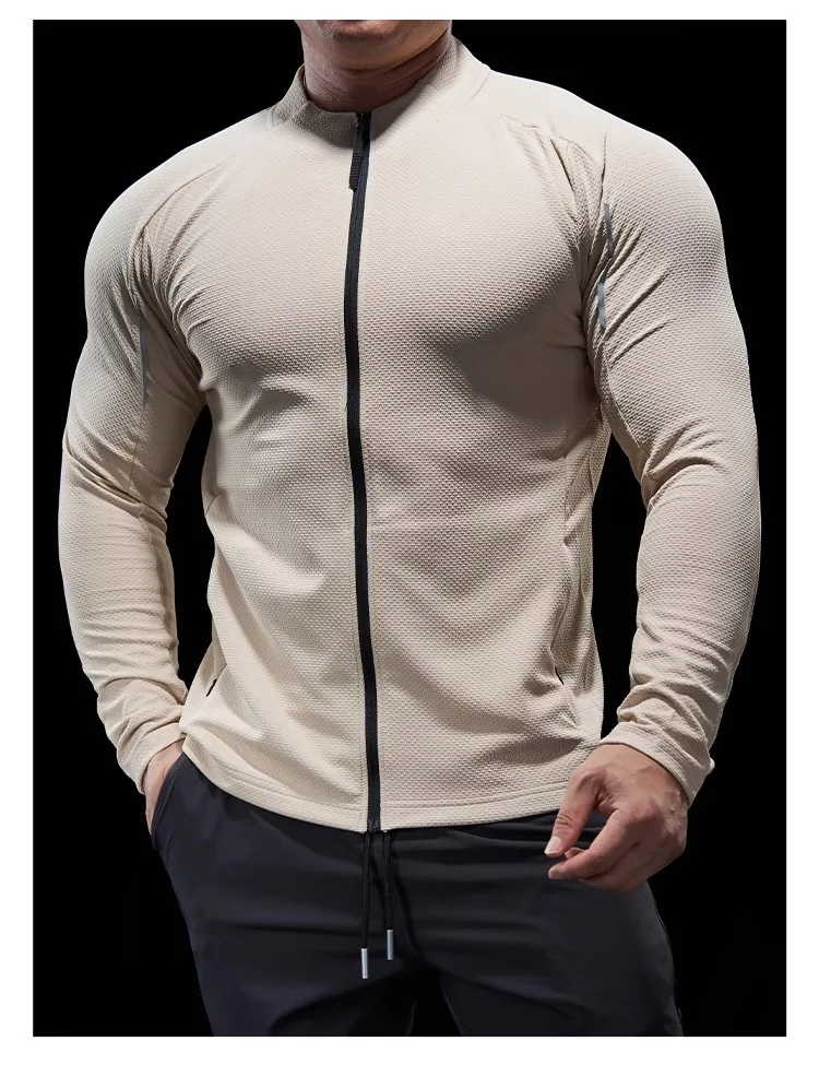 Sports Fitness Jacket Men Autumn Elastic Quick-drying Slim Long-sleeved Gym Training Clothes Outdoor Running Stand-up Zipper Top