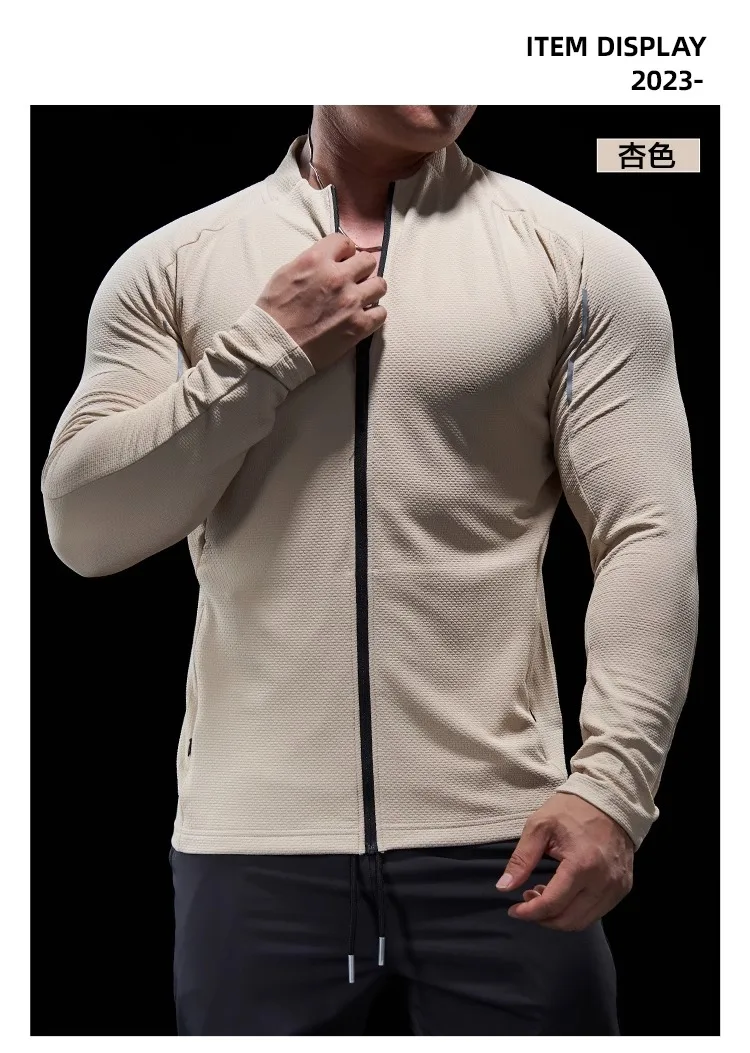 Sports Fitness Jacket Men Autumn Elastic Quick-drying Slim Long-sleeved Gym Training Clothes Outdoor Running Stand-up Zipper Top