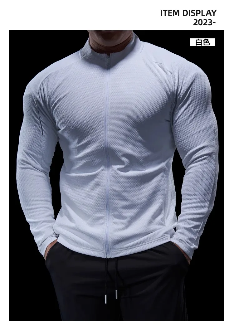 Sports Fitness Jacket Men Autumn Elastic Quick-drying Slim Long-sleeved Gym Training Clothes Outdoor Running Stand-up Zipper Top