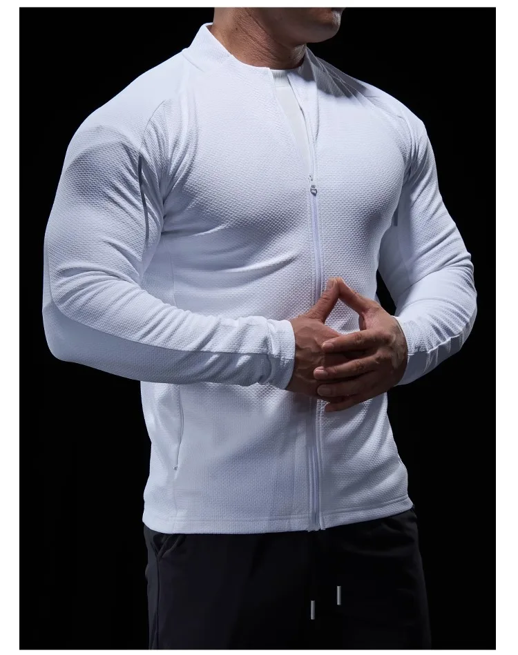 Sports Fitness Jacket Men Autumn Elastic Quick-drying Slim Long-sleeved Gym Training Clothes Outdoor Running Stand-up Zipper Top