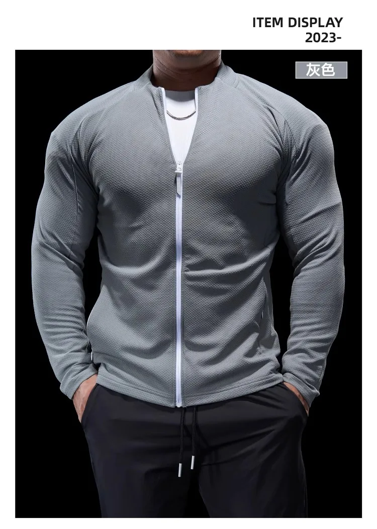 Sports Fitness Jacket Men Autumn Elastic Quick-drying Slim Long-sleeved Gym Training Clothes Outdoor Running Stand-up Zipper Top