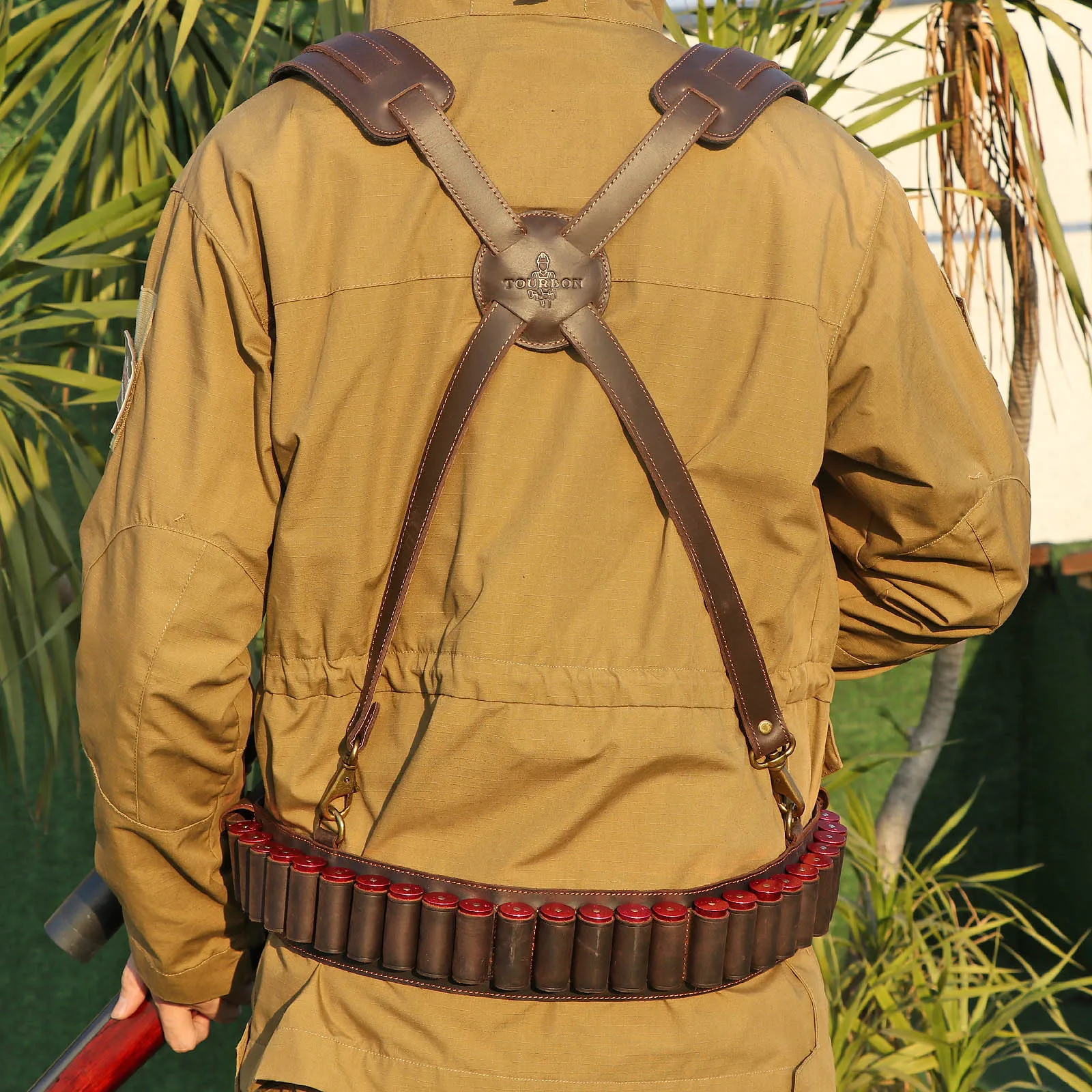 Tourbon Hunting Accessories 12 Gauge Gun Bandolier Cartridges Belt Genuine Leather Ammo Holder Carrier W/ A Pocket 39''-47‘’