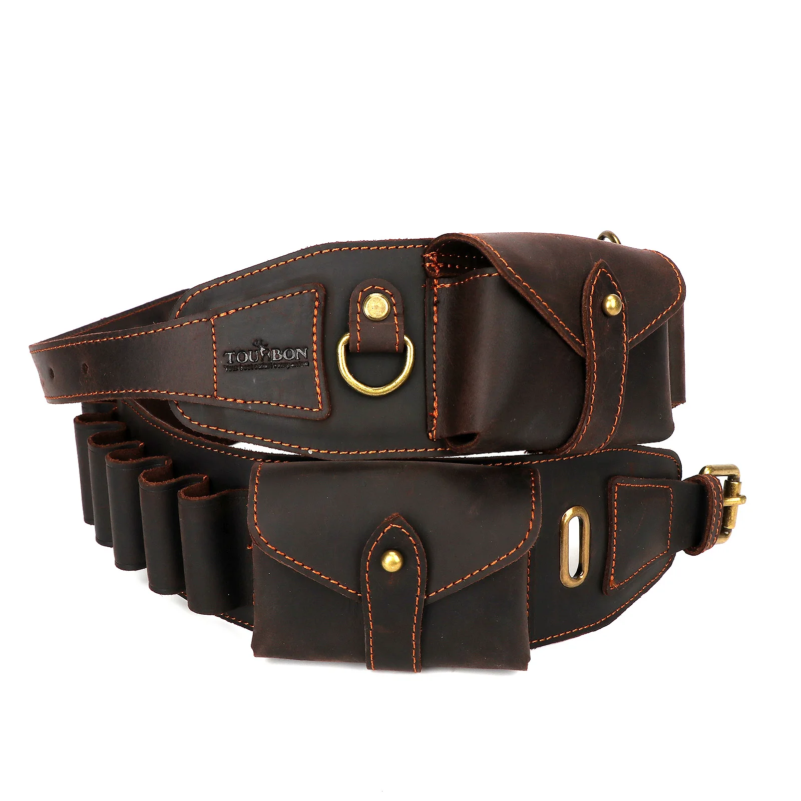 Tourbon Hunting Accessories 12 Gauge Gun Bandolier Cartridges Belt Genuine Leather Ammo Holder Carrier W/ A Pocket 39''-47‘’