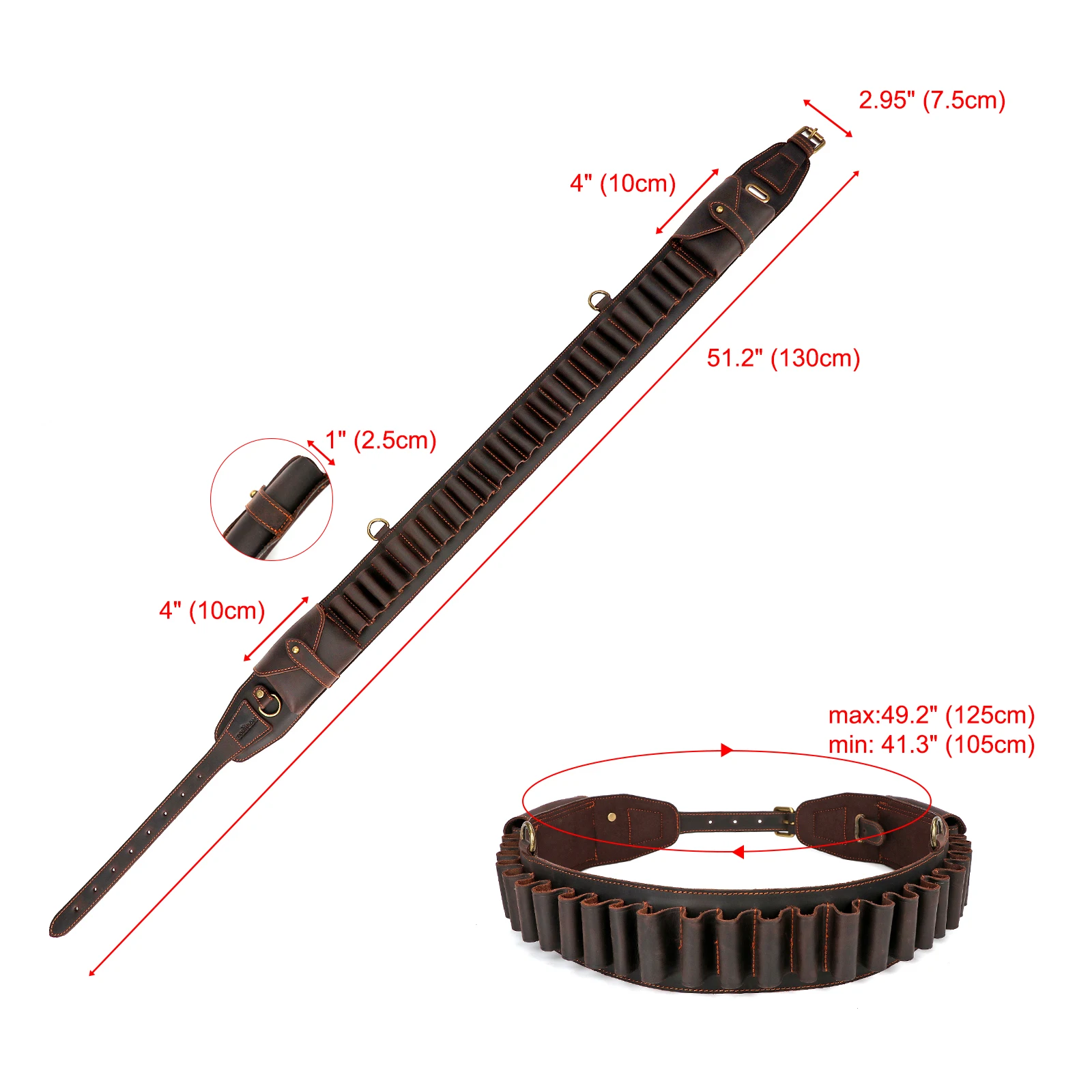 Tourbon Hunting Accessories 12 Gauge Gun Bandolier Cartridges Belt Genuine Leather Ammo Holder Carrier W/ A Pocket 39''-47‘’