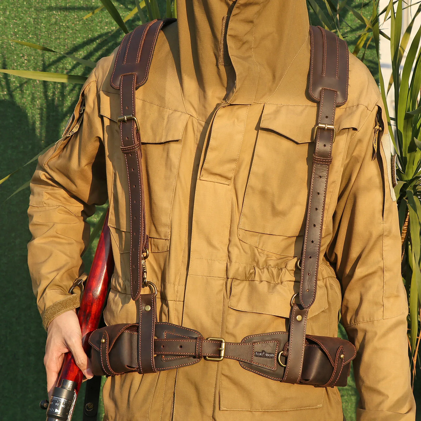 Tourbon Hunting Accessories 12 Gauge Gun Bandolier Cartridges Belt Genuine Leather Ammo Holder Carrier W/ A Pocket 39''-47‘’
