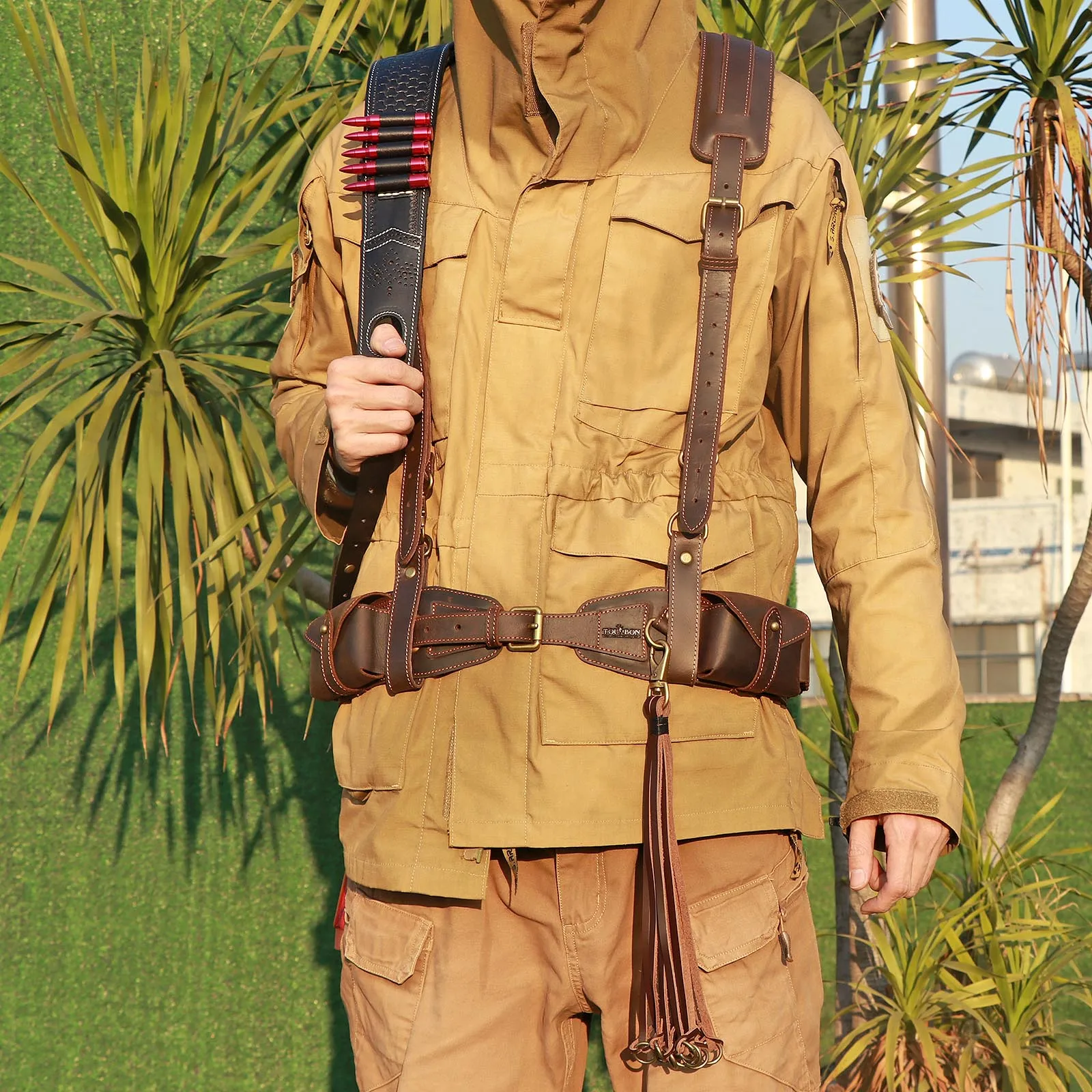 Tourbon Hunting Accessories 12 Gauge Gun Bandolier Cartridges Belt Genuine Leather Ammo Holder Carrier W/ A Pocket 39''-47‘’