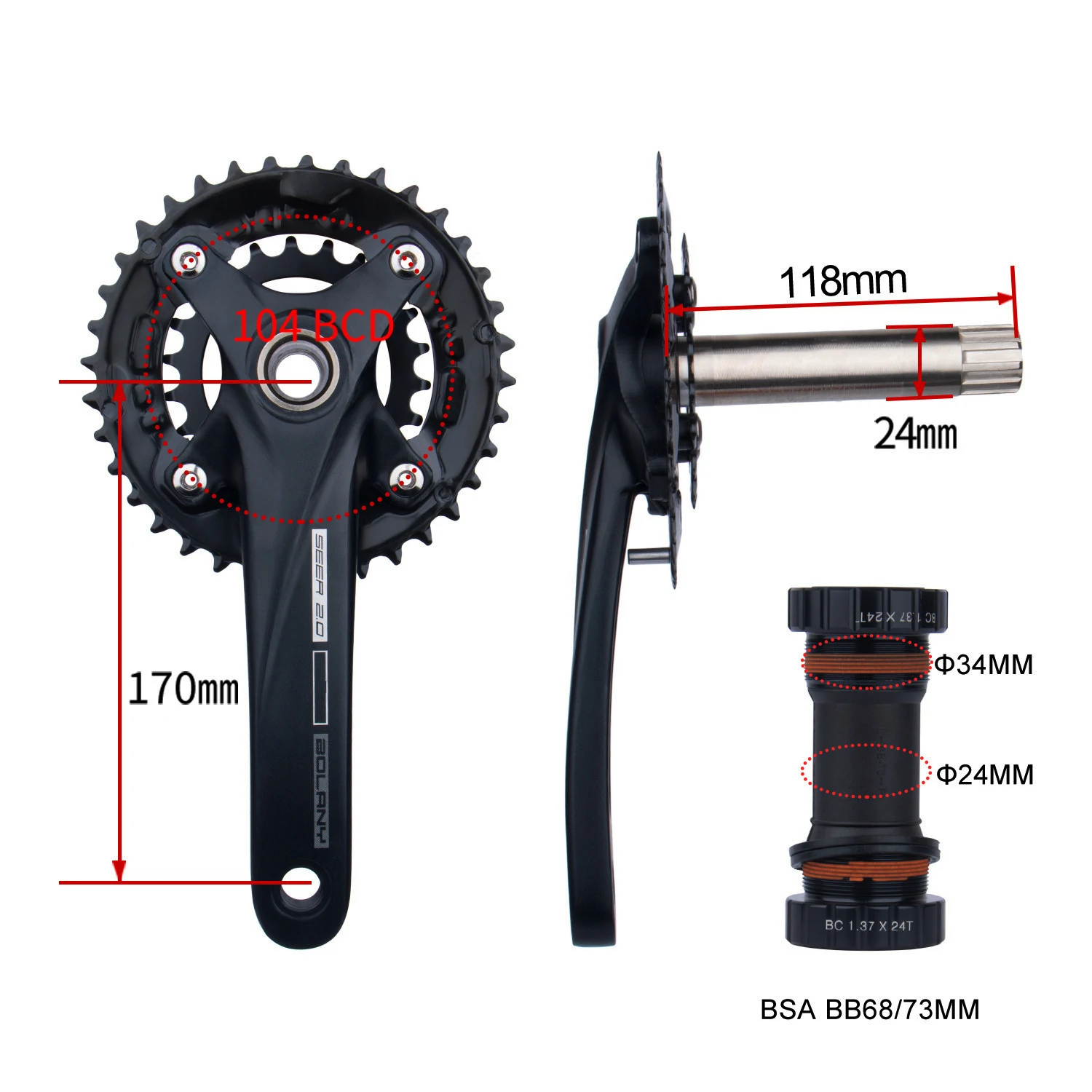 Bicycle Crankset 36T 22-36T 24-38T Bolany 104BCD Hollow Crank MTB Crankset 170mm Integrated Crank Chainring