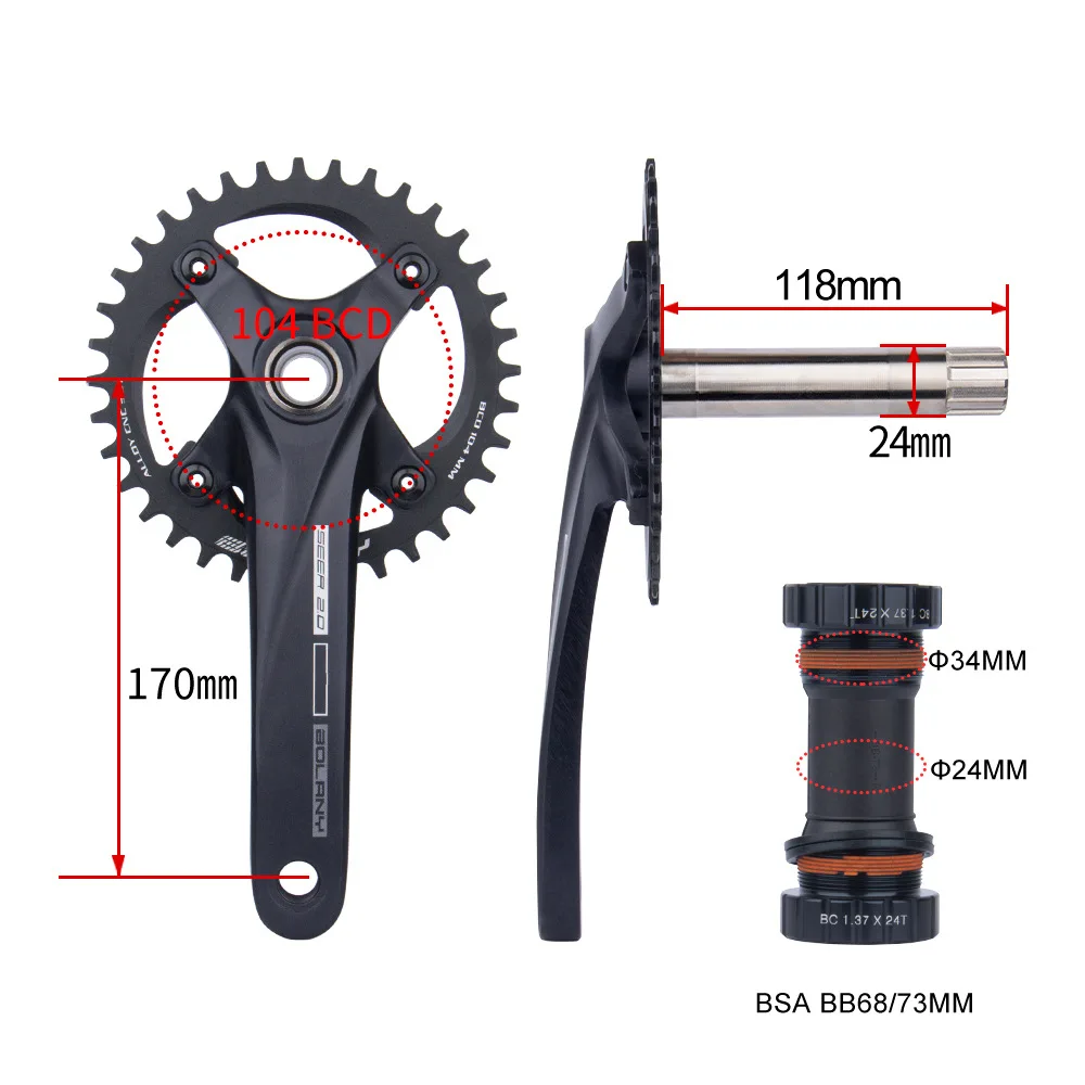 Bicycle Crankset 36T 22-36T 24-38T Bolany 104BCD Hollow Crank MTB Crankset 170mm Integrated Crank Chainring
