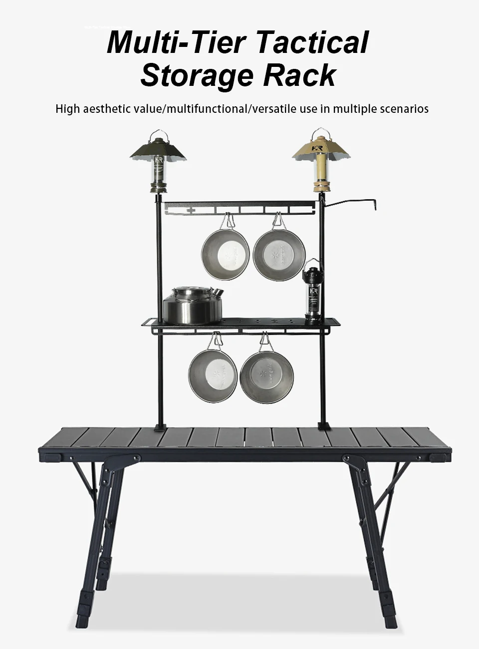 Outdoor Aluminum Storage Rack Foldable Camping Desktop Double-layer Storage Rack Camping Hanging Rack Camping Supplies