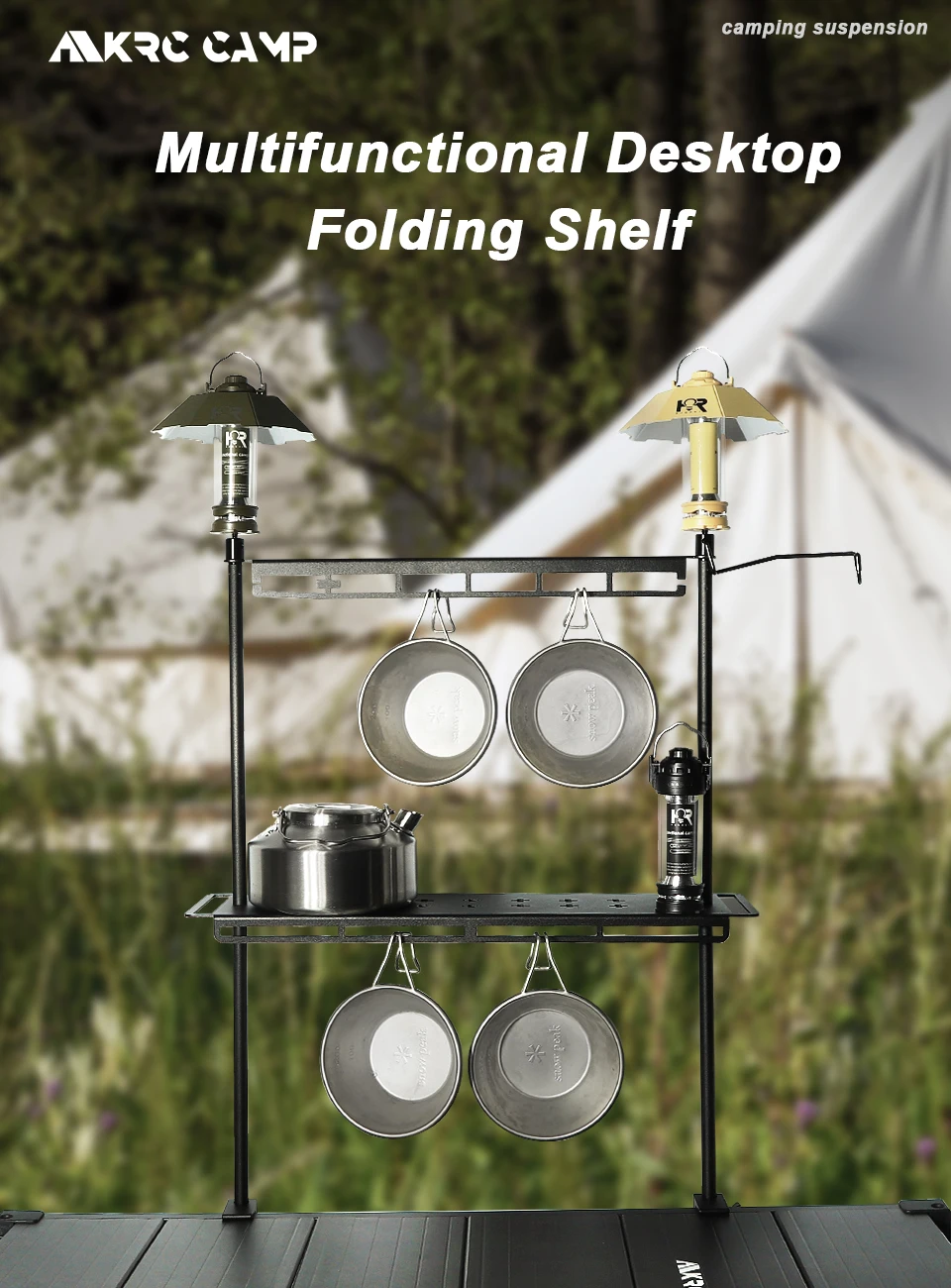 Outdoor Aluminum Storage Rack Foldable Camping Desktop Double-layer Storage Rack Camping Hanging Rack Camping Supplies