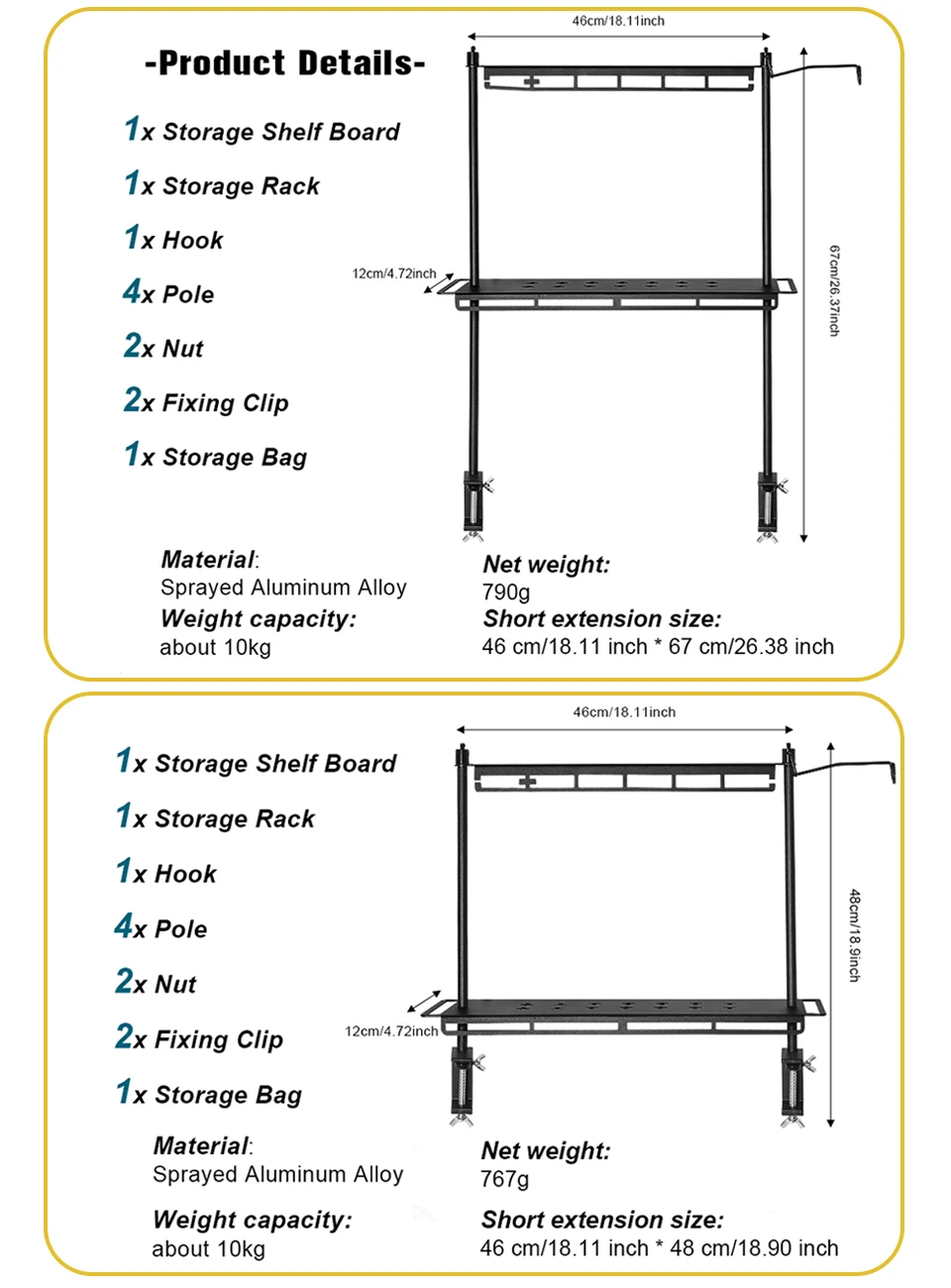 Outdoor Aluminum Storage Rack Foldable Camping Desktop Double-layer Storage Rack Camping Hanging Rack Camping Supplies