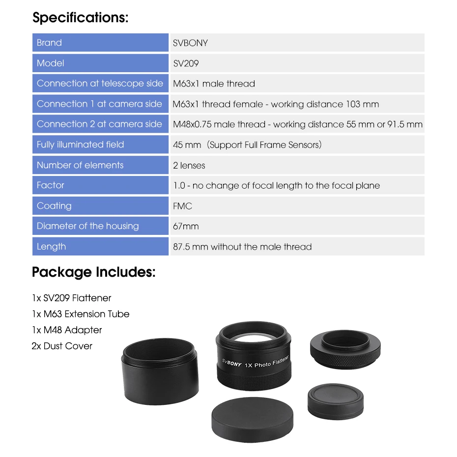 Svbony SV209 Field Flattener 1.0x for SV550 80F6 Astrophotography M63x1 Connection Black