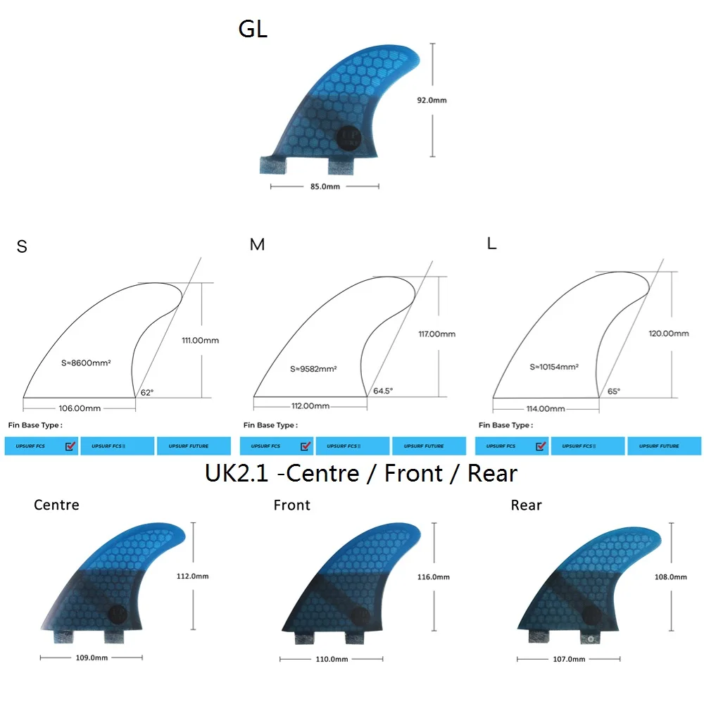 UPSURF FCS Quad Fins M+GL Surfboasrd Fins For Surfing Stabilizer Surf Quad Fins Honeycomb Surf Fins 4pcs Set Grey
