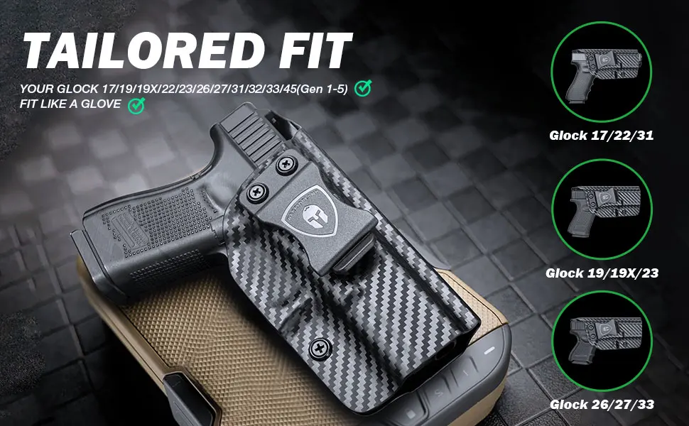 IWB Carbon Fiber Holsters Fit Glock 17 Glock 19 / 19X / 26 / 44 / 45 Gen(1 2 3 4 5) & Glock 23 / 32 Gen(3-4) Pistol Kydex Gags