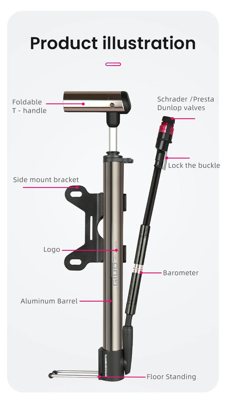 Giyo 140psi Bicycle Pump Portable Presta/Schrader Valve MTB Cycling Pump Road Bike Mini Floor Standing Pump Tire Inflator