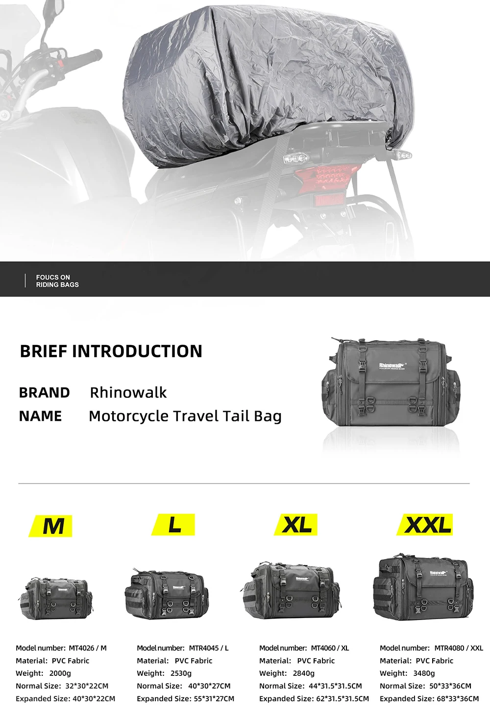 Rhinowalk Motorcycle Travel Luggage Bag Waterproof 19L-80L Expandable Big Capacity Motor Tail/Trunk/Rack Bag For Most Motorcycle