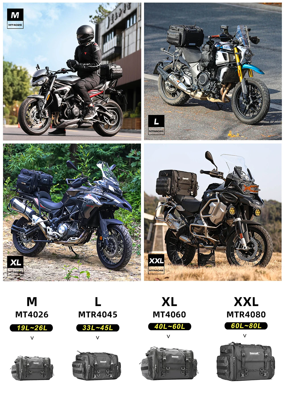 Rhinowalk Motorcycle Travel Luggage Bag Waterproof 19L-80L Expandable Big Capacity Motor Tail/Trunk/Rack Bag For Most Motorcycle